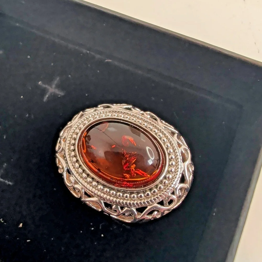 STS Jewels Sterling Silver & Cognac Amber Pebbled Filigree Statement Ring